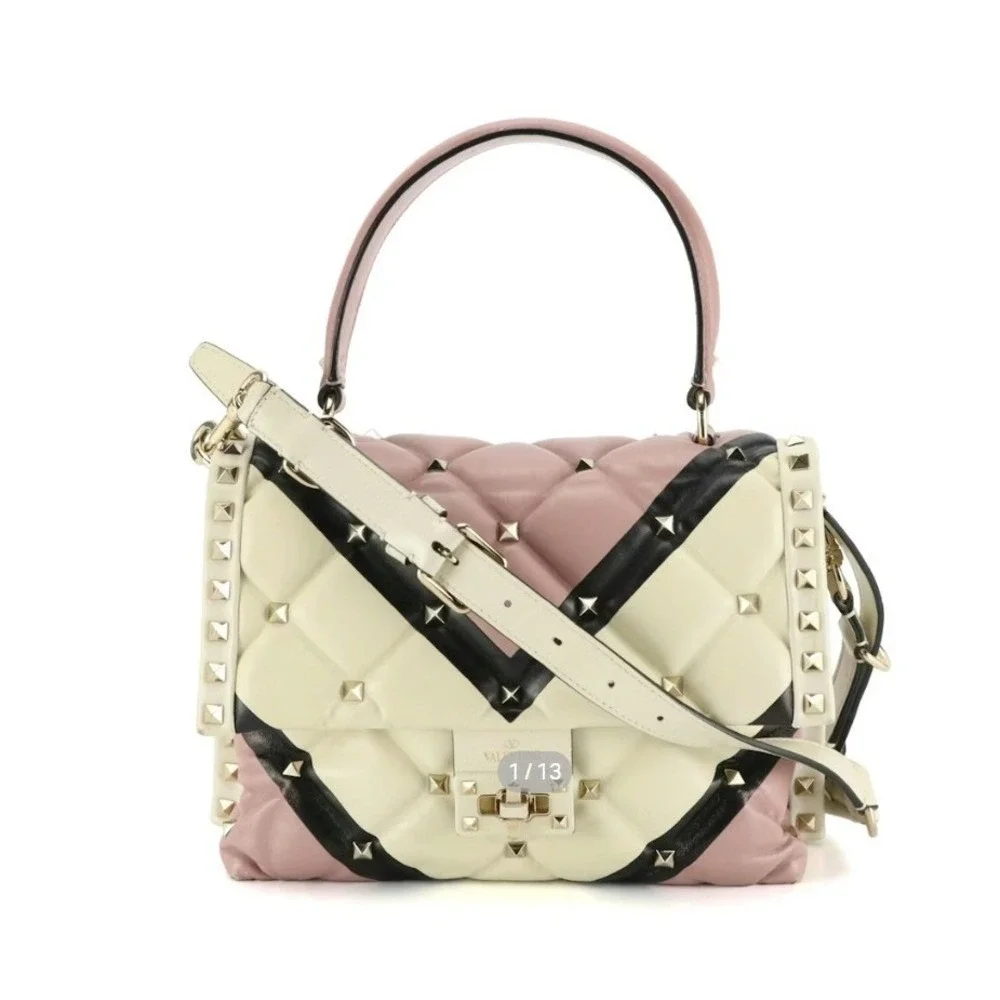 Valentino Garavani Candystud Top Handle Purse Pink Beige Black Leather Studded